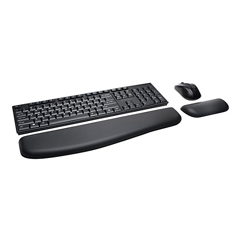 Schwarzes Tastatur-Maus-Set, inkl. Handgelenkauflage. Das Set liegt vor weiÃŸem Hintergrund.