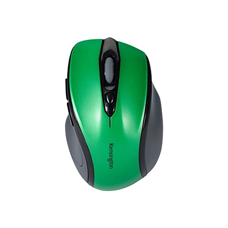 Draufsicht auf eine grüne Computermaus mit seitlichen grauen und schwarzen Elementen. Auf der Oberseite befindet sich ein Scrollrad und eine kleine Taste, darunter steht "Kensington".