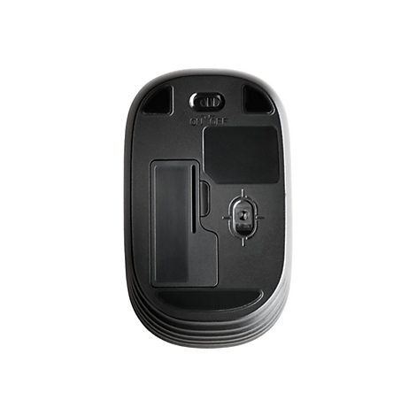 Draufsicht auf eine schwarze Computermaus. Auf der Unterseite befindet sich ein Ein-/Ausschalter, ein Fach, und ein optischer Sensor.