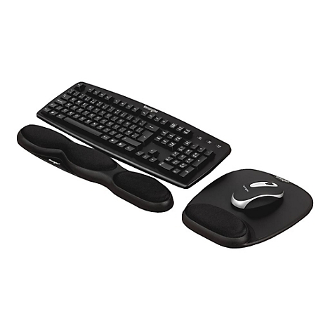 Ensemble informatique noir avec clavier, repose-poignet, souris et tapis de souris.