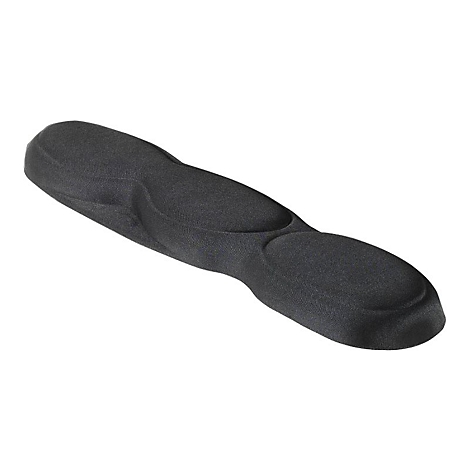 Repose-poignet ergonomique noir sur fond blanc. Il a une forme allongée avec deux zones encastrées.