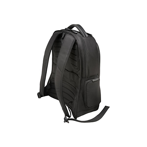 Sac à dos noir avec plusieurs compartiments et bretelles. Poignée sur le dessus. Vue latérale.