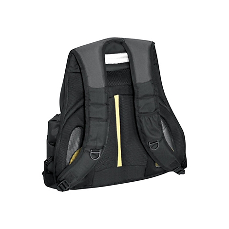 Vue arrière d'un sac à dos noir avec des bretelles rembourrées et des accents jaunes.