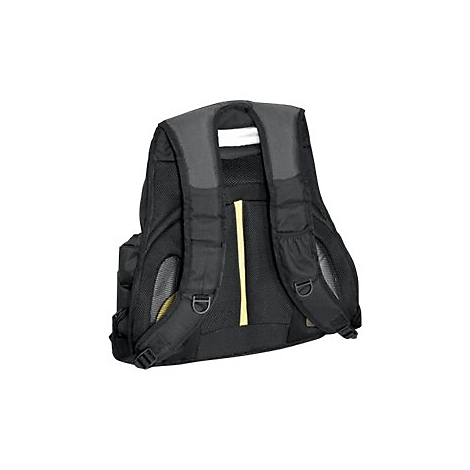 Vue arrière d'un sac à dos noir avec des bretelles rembourrées et des touches de jaune.