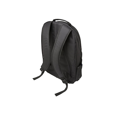 Vue détaillée d'un sac à dos noir isolé sur fond blanc.