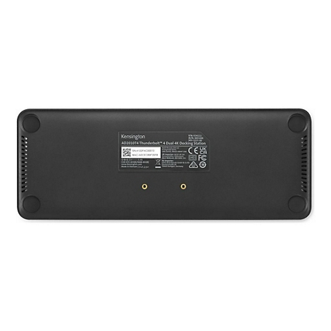 Schwarze Dockingstation von Kensington, Unterseite mit Produktinformationen und Gummi-FÃ¼ÃŸen.