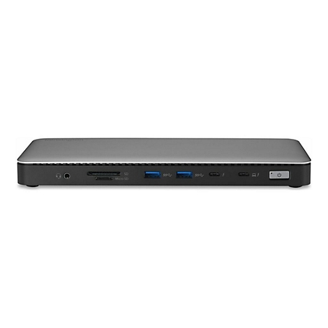 Graues Dockingstation-GerÃ¤t mit verschiedenen AnschlÃ¼ssen wie USB und SD-Karten-Slot. Rechts befindet sich ein Power-Button.