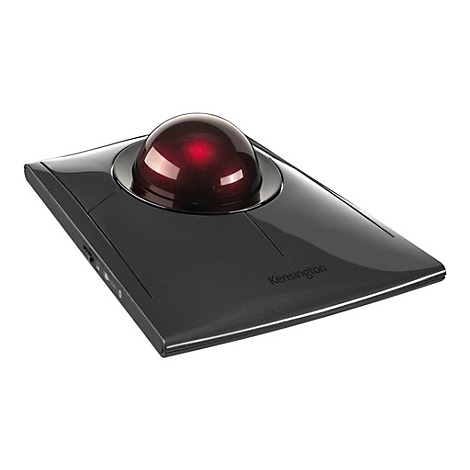 Schwarze Kensington Trackball Maus mit roter Kugel. Der Schriftzug "Kensington" ist zu sehen.
