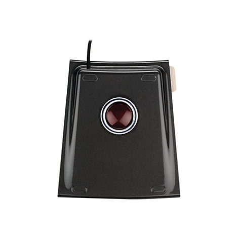 Unterseite einer dunklen Computermaus mit roter Trackball-Kugel auf weißem Hintergrund.