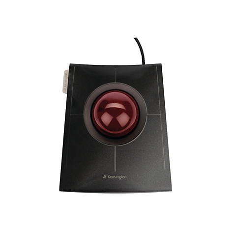 Kensington Trackball-Maus mit schwarzem Gehäuse und großer, roter Kugel vor weißem Hintergrund.