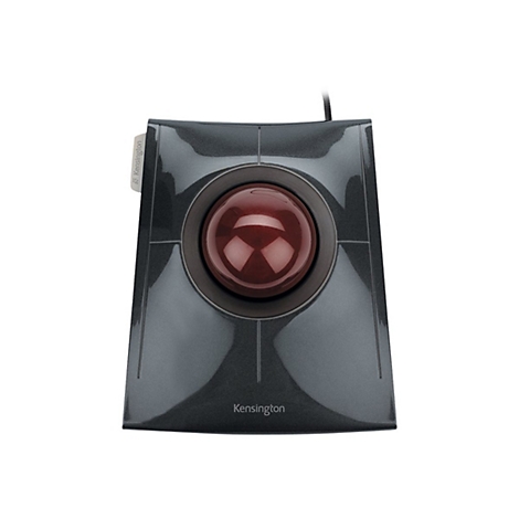 Kensington Trackball-Maus in Dunkelgrau mit großer, roter Kugel vor weißem Hintergrund.
