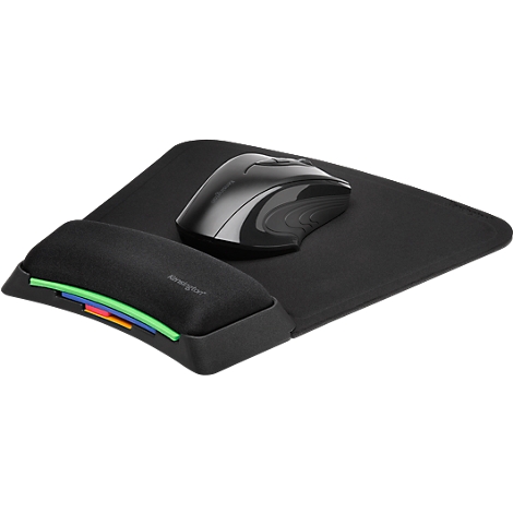 Black mousepad with wrist rest and mouse. The rest has colored accents. Mouse is also black.