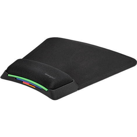 Black ergonomic mouse pad with wrist rest. Colorful accents, including green, blue, and orange.