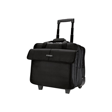 Schwarze Laptop-Trolley-Tasche, Griff ausgezogen, Kensington-Logo.