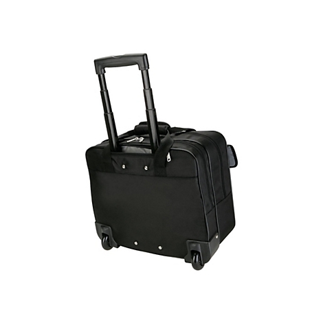 Schwarze Rollen-Laptoptasche, Griff ausgezogen, Seitenansicht. Zwei Räder.