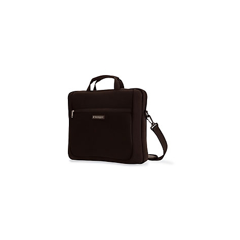 Dunkelbraune Laptoptasche mit Tragegriff, Schultergurt und Reißverschluss.