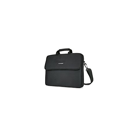 Schwarze Laptoptasche mit Tragegriff und Schultergurt. Auf der Klappe ist ein Logo angebracht.