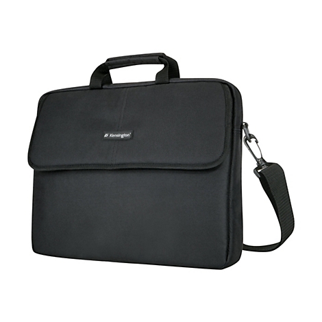 Schwarze Laptoptasche mit Tragegriff, Schultergurt und Kensington-Logo.