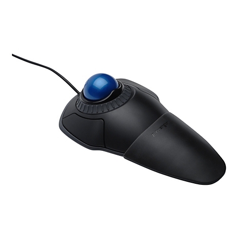 Souris trackball noire avec boule bleue et câble. La marque Kensington est visible.
