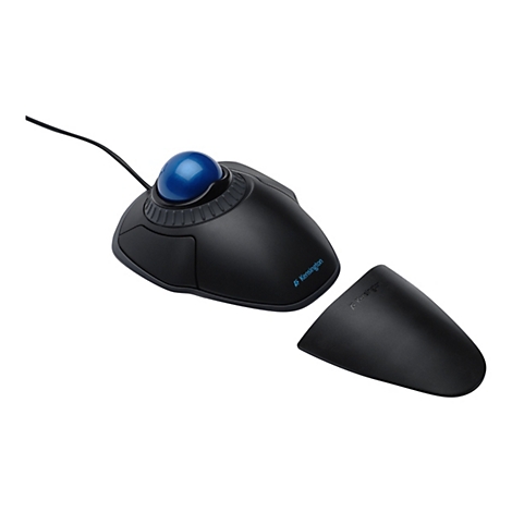 Souris trackball noire avec boule bleue. Repose-main amovible à côté, logo du fabricant.