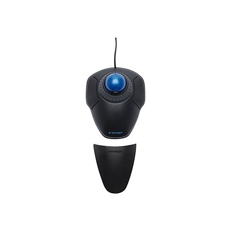 Souris trackball noire avec boule bleue et repose-main amovible. Le logo Kensington est sur la souris.