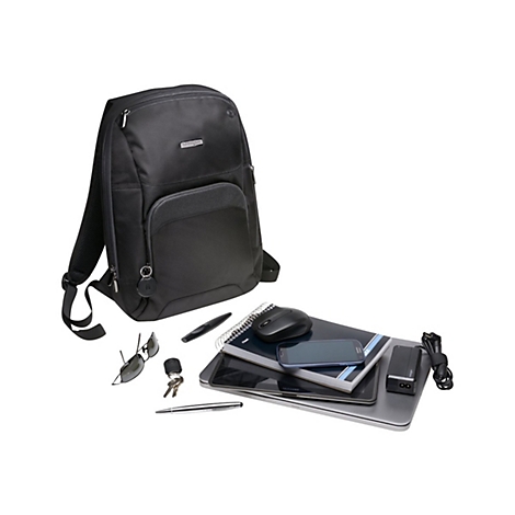 Schwarzer Rucksack mit Laptop, Tablet, Handy, Maus, Sonnenbrille, Schlüssel und Stiften.