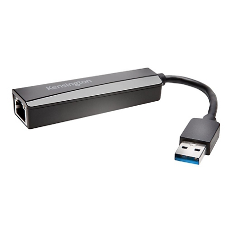 Schwarzer Ethernet-Adapter mit USB-Stecker, Hersteller Kensignton, weiÃŸer Hintergrund.