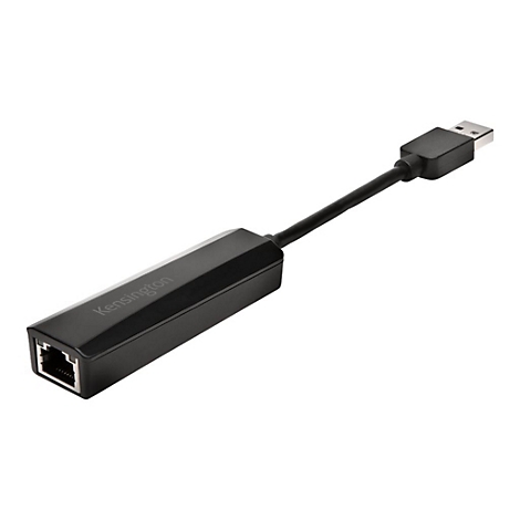 Schwarzer USB-zu-Ethernet-Adapter mit Kensington-Logo und USB-Stecker.