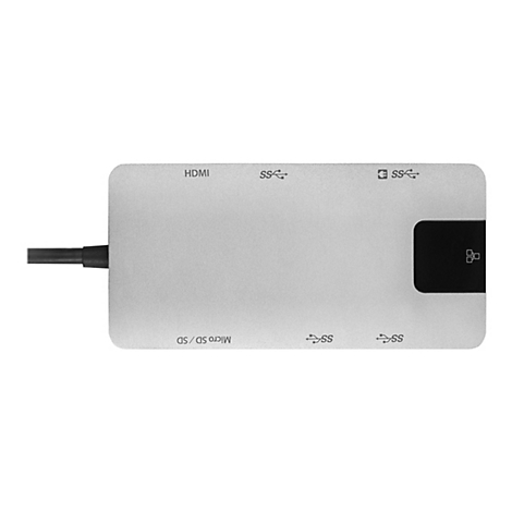 Hub USB-C argentÃ© avec divers ports comme HDMI et USB. Inscriptions : HDMI, Micro SD/SD, SS.