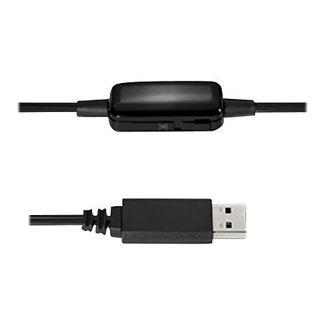 Nahaufnahme eines schwarzen USB-Kabels mit Steuerung und USB-Anschluss. Das Kabel verläuft waagerecht auf weißem Hintergrund.