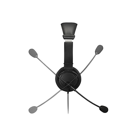 Schwarzes Headset mit ausklappbaren Mikrofonen, freigestellt auf weißem Hintergrund.