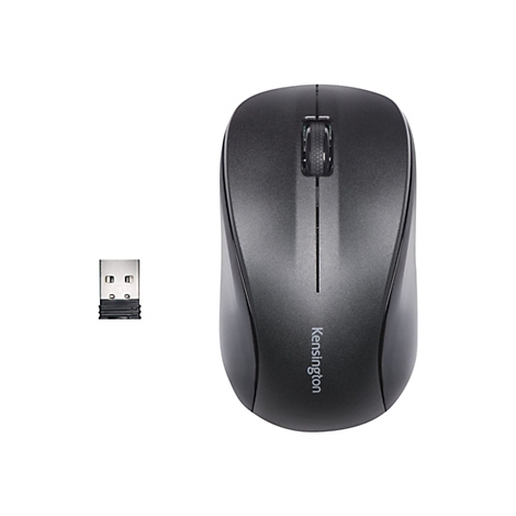 Drahtlose graue Computermaus mit USB-Empfänger auf weißem Hintergrund. Maus mit Kensington-Logo.