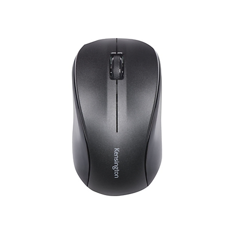 Drahtlose Computermaus in Grau. Oberseite mit Scrollrad, mittig eingeritzt. Markenname Kensington.