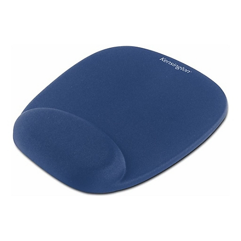 Blaues ergonomisches Mauspad mit Handgelenkstütze. Schriftzug 'Kensington'.