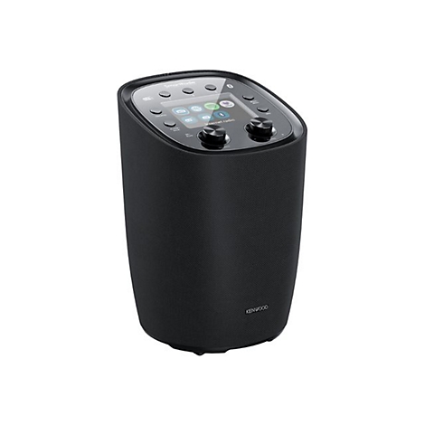 Schwarzes Kenwood SmartRadio mit Touchdisplay und Drehreglern auf der Oberseite vor weißem Hintergrund.
