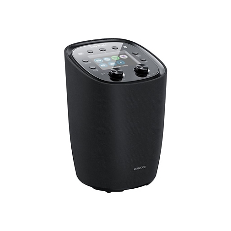 Schwarzes Kenwood SmartRadio mit Touch-Display, Drehreglern und Lautsprecherabdeckung vor weißem Hintergrund.