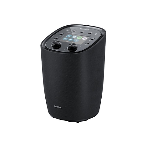 Schwarzes Kenwood SmartRadio in moderner, abgerundeter Form mit Display und Tasten an der Oberseite.