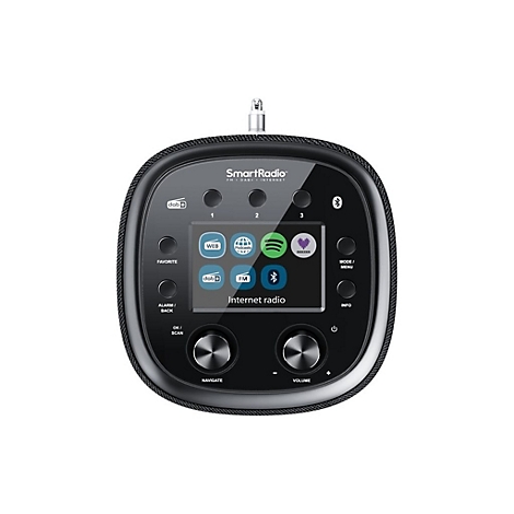 Schwarzes SmartRadio mit Display, Tasten und Drehreglern vor neutralem Hintergrund.