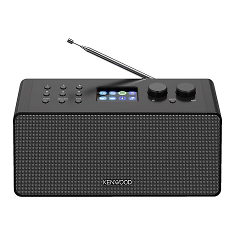Schwarzes Kenwood Digitalradio mit Teleskopantenne, Tasten, Drehreglern und Display auf der Oberseite.