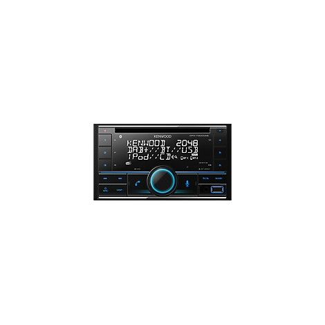 Schwarzes Kenwood-Autoradio mit blau beleuchteten Bedienelementen und Display. Text zeigt 'KENWOOD', 'DAB+/BT/USB', 'iPod/CD'.