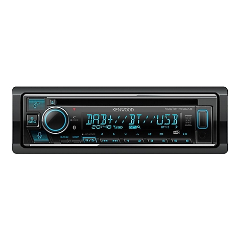 Schwarzes Autoradio, Kenwood, mit Digitalanzeige und Knöpfen. DAB+, BT und USB-Funktion.