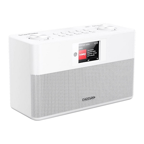 Weißes Kenwood SmartRadio mit Digitaldisplay und Lautsprechergitter vor neutralem Hintergrund.