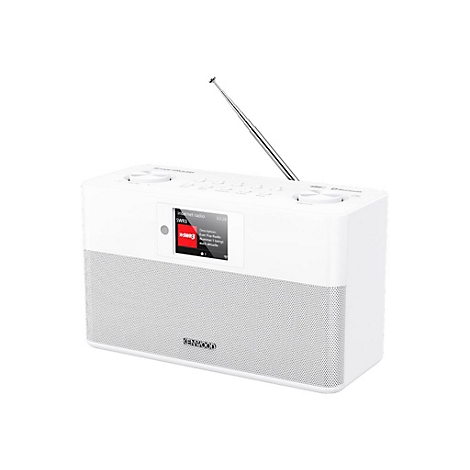 Weißes Kenwood Smartradio mit Teleskopantenne, Display und Lautsprechergitter vor neutralem Hintergrund.