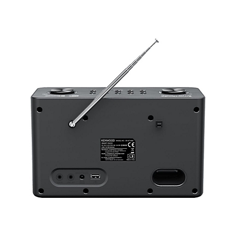 Rückansicht eines schwarzen Kenwood Smart Radios mit ausziehbarer Antenne und verschiedenen Anschlüssen.
