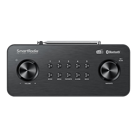 Schwarzes Digitalradio mit zwei großen Drehreglern und Tasten für Senderwahl, Lautstärke und Funktionen.