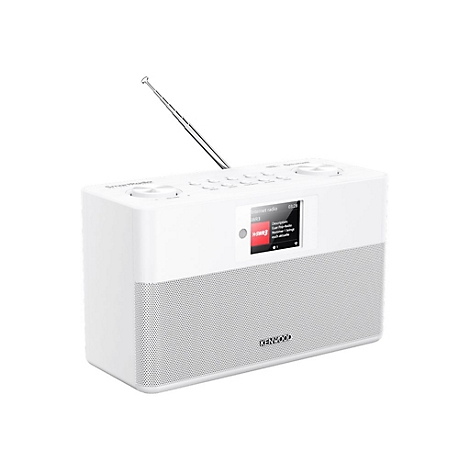 Weißes Kenwood Smartradio mit ausziehbarer Antenne und Display vor weißem Hintergrund.
