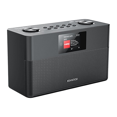 Schwarzes Kenwood SmartRadio mit Digitaldisplay, Lautsprechergitter und Bedienelementen vor weißem Hintergrund.