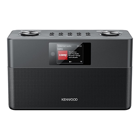 Schwarzes Kenwood SmartRadio mit Display, Lautsprechergitter und Bedienknöpfen auf weißem Hintergrund.