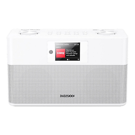 Weißes Kenwood Smartradio mit Display vor neutralem Hintergrund.