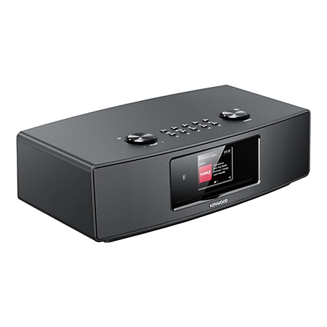Schwarzes Kenwood Internetradio mit Display, Tasten und Drehreglern vor weißem Hintergrund.